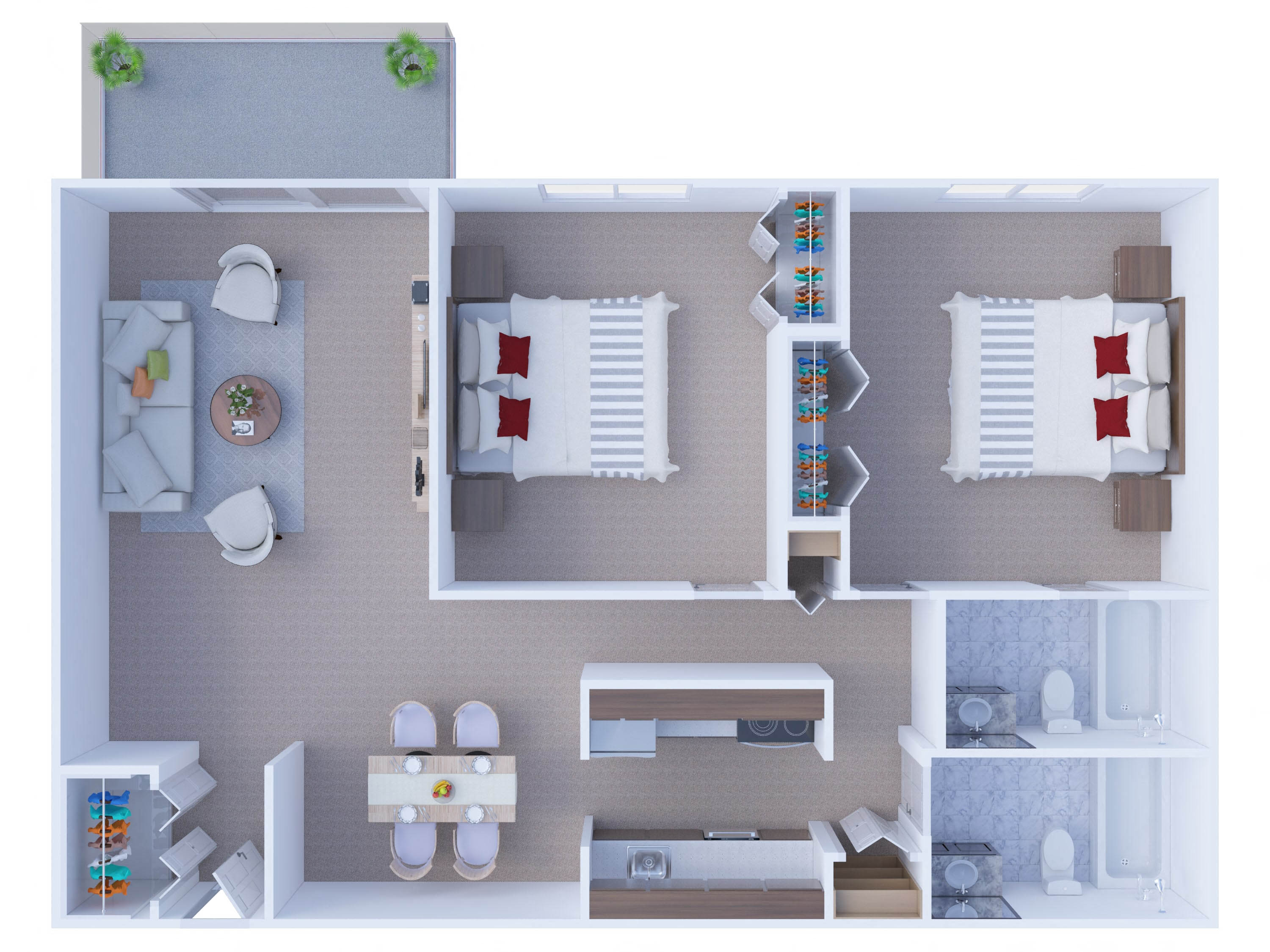Floor plan for 2 beds, 2 baths, 1088 sqft